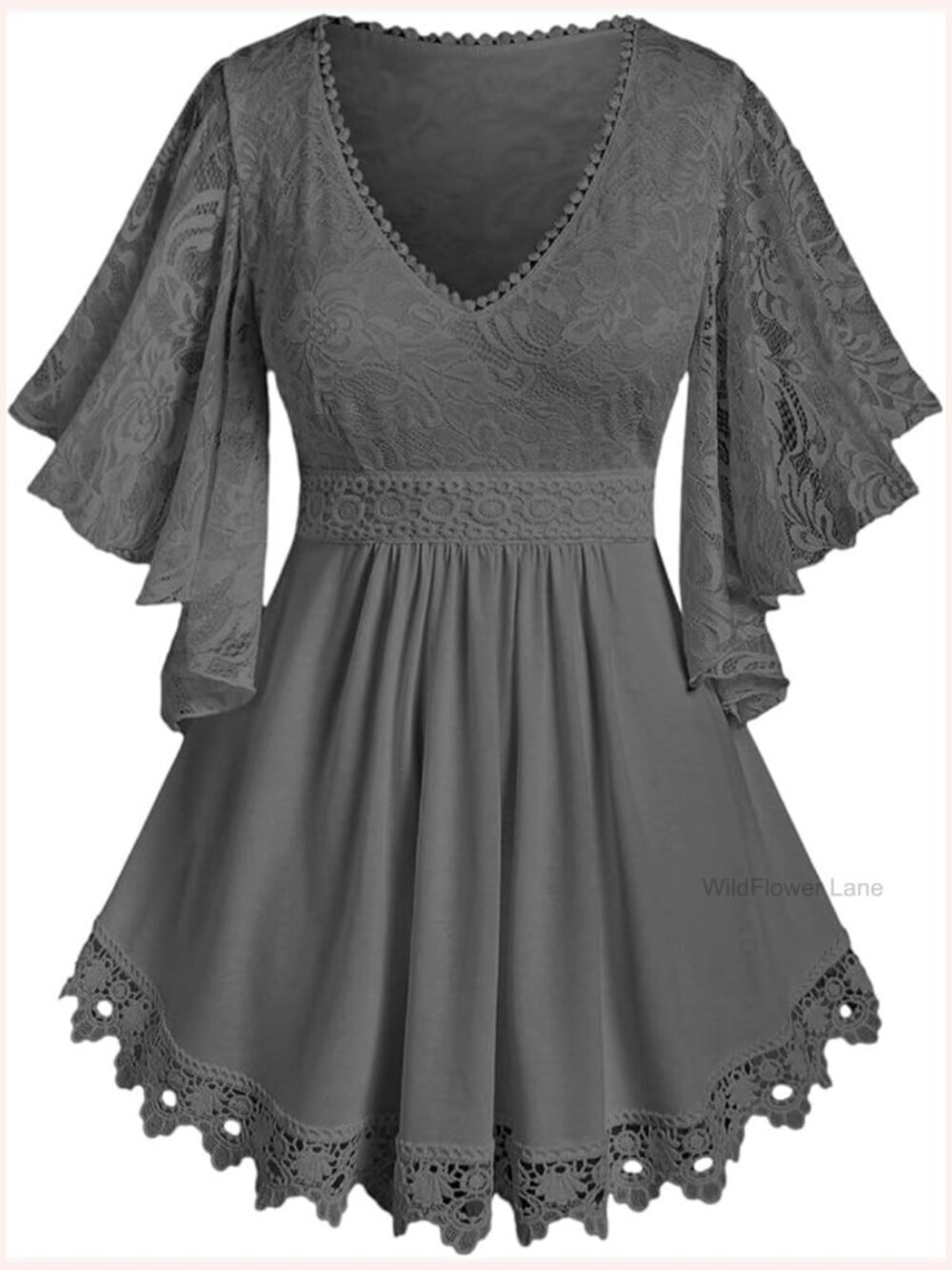 Plus Size Lace Panel Butterfly Sleeve Blouse Regular Fit